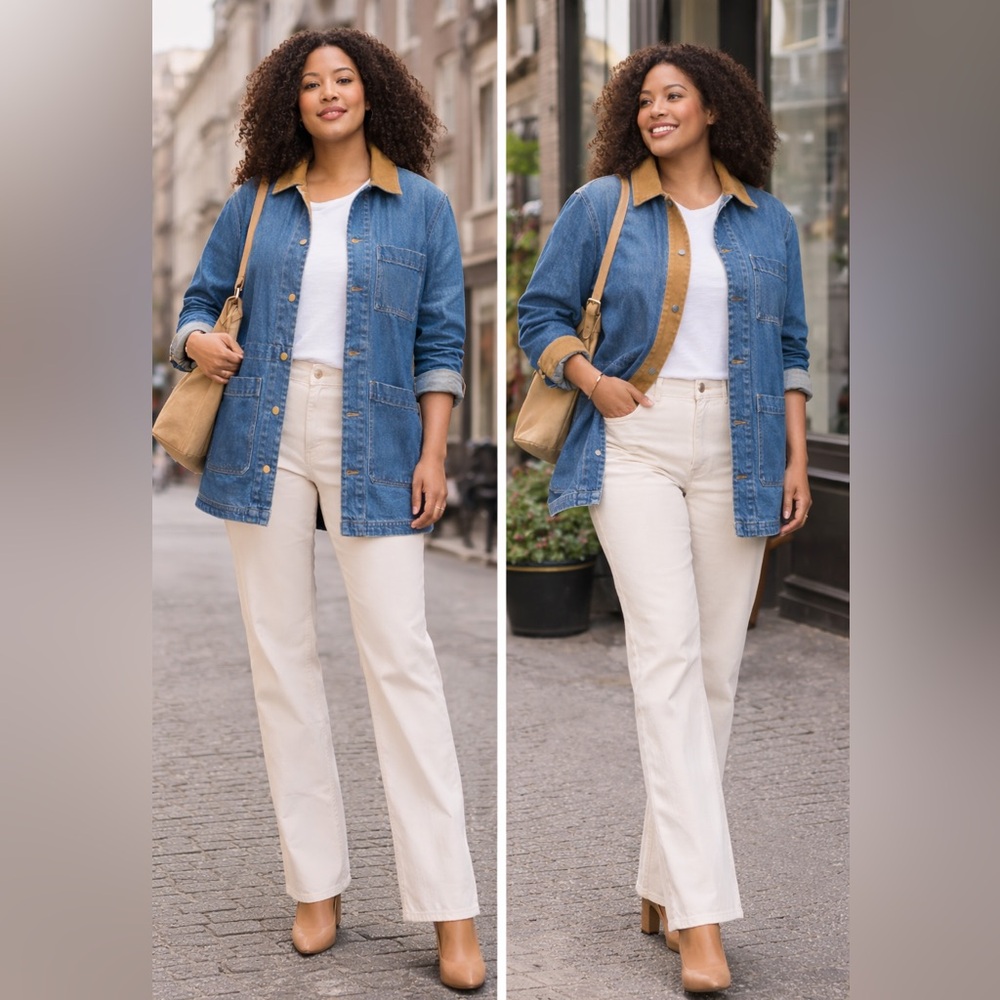 NWT Banana Republic Denim Car Coat With Corduroy in Blue/ Camel Collar Sz XL